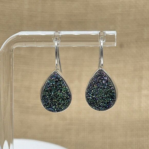 Green Drusy Sterling Silver Earrings Pear Shaped Drop Peacock Himalayan Gems - Picture 2 of 6